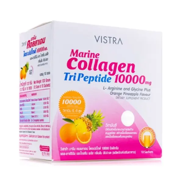 VISTRA Dietary Supplement Marine Collagen TriPeptide 1000 mg 10 Flavor Orange Pineapple 10 sachets