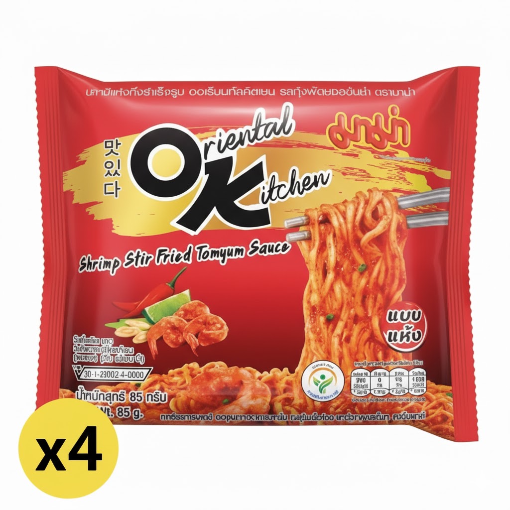 8.81Oriental Kitchen Dried Instant Noodles Shrimp Stir-Fried Tom Yum 85g x 4 ออเรียนทัล คิทเช่น บะหมี่กึ่งสำเร็จรูป แบบแห้ง รสกุ้งผัดซอส ต้มยำ 85 กรัม x4 - Image 1