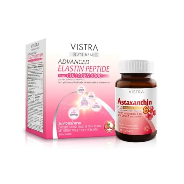 VISTRA Dietary Supplement Nutribeau Advanced Elastin Peptide Plus Collagen 5000 mg. 12 g. 10 sachets + Astaxanthin 6 mg Plus Vitamin E 30 Tablets x 2