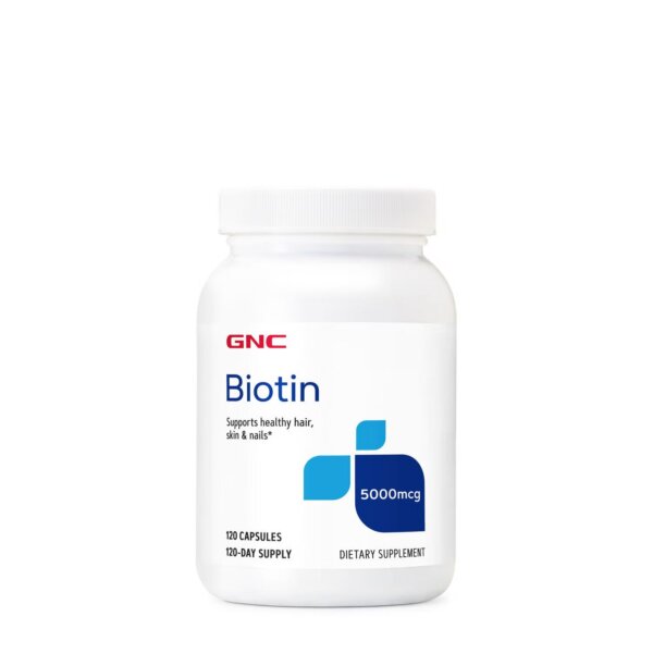 Biotin Supplement 5,000 micrograms for strong hair, skin and nails. 120 servings.