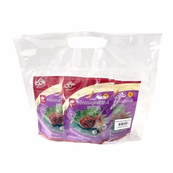 Crispy squid chili paste, three flavors, vegetarian, 30 g., 5 packets