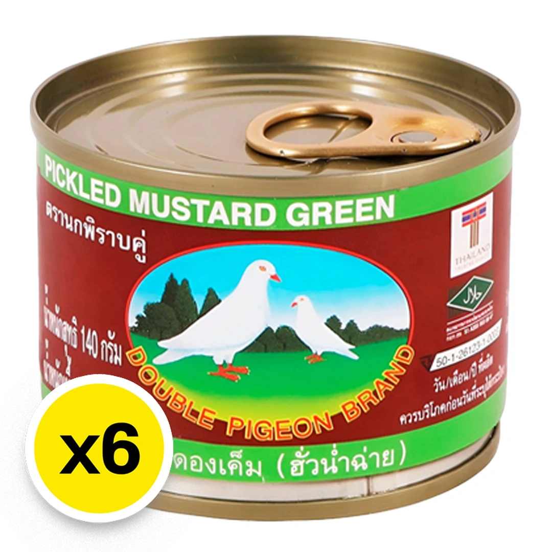 DOUBLE PIGEON Green Mustrad Pickle 140 g x 6 นกพิราบคู่ ผักกาดดอง ฝาดึง 140 ก. x 6 - Image 1