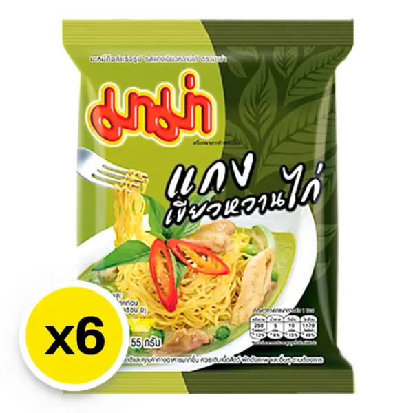 Instant noodles, green curry chicken flavor, 55 grams x 6