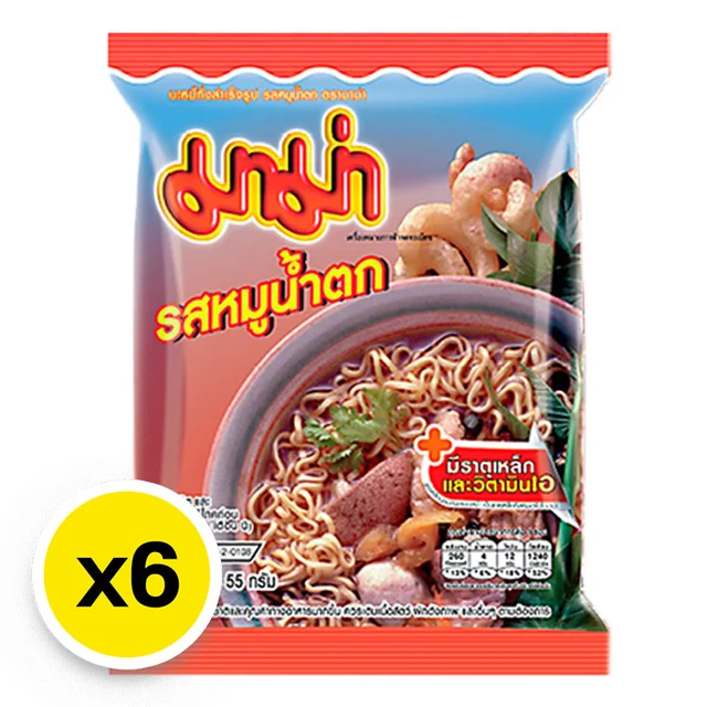 MAMA Instant Noodles Moo Nam Tok Flavour 55 g x 6 บะหมี่กึ่งสำเร็จรูป รสหมูน้ำตก 55 กรัม x6 - Image 1