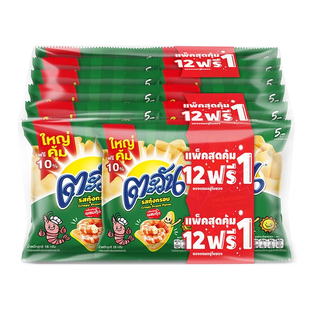 TAWAN Extruded Snack Shrimp 14 g x 12+1 1 ตะวัน ขนมขบเคี้ยว รสกุ้งกรอบ 14 กรัม x 12+1 - Image 1