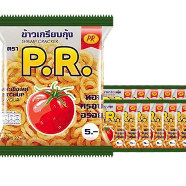 พีอาร์ ข้าวเกรียบกุ้ง รสมะเขือเทศ 22 กรัม x 12 ซอง