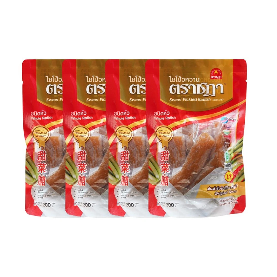 ชุด 4 ซอง x ไชโป๊หวาน ชนิดหัว ตราชฎา 200 กรัม ตำนานความอร่อย 70 ปี ราชบุรี ไม่ใส่ผงชูรส ไม่ใส่สี