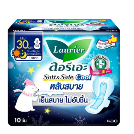 ลอรีเอะ ผ้าอนามัย ซอฟท์ แอนด์ เซฟ หลับสบาย คูล แอนตี้แบคทีเรีย มีปีก 30ซม. 10 ชิ้น