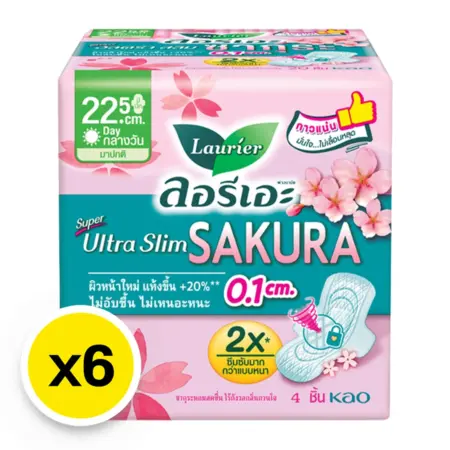 ลอรีเอะ ซูเปอร์ อัลตราสลิม ซากุระ ผ้าอนามัยแบบมีปีก 22.5 ซม. 4 ชิ้น x 6