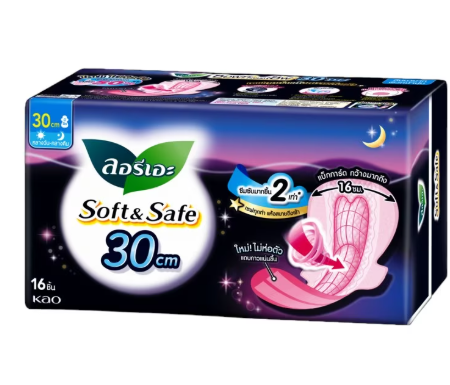 ลอริเอะ ผ้าอนามัย ซอฟท์ แอนด์ เซฟ 30 ซม. 16 ชิ้น มีปีก กลางคืน