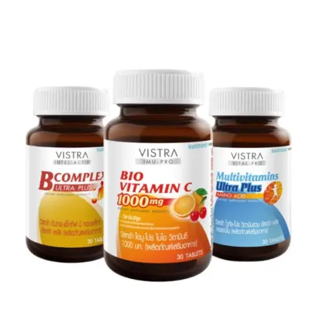 ชุดผลิตภัณฑ์เสริมอาหาร VISTRA Daily Boost BIO Vitamin C 30 เม็ด + มัลติวิตามิน Ultra Plus 30 เม็ด + B-complex Ultra Plus 30 เม็ด x 3