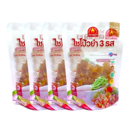 ชุด 4 ซอง x ยำไชโป้ว 3 รส ชนิดลูกเต๋า ตราชฎา 150 กรัม ตำนานความอร่อย 70 ปี ไม่ใส่ผงชูรส ไม่ใส่สี