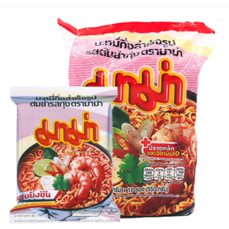 มาม่า บะหมี่กึ่งสำเร็จรูป รสต้มยำกุ้ง 55 ก. 10 ซอง