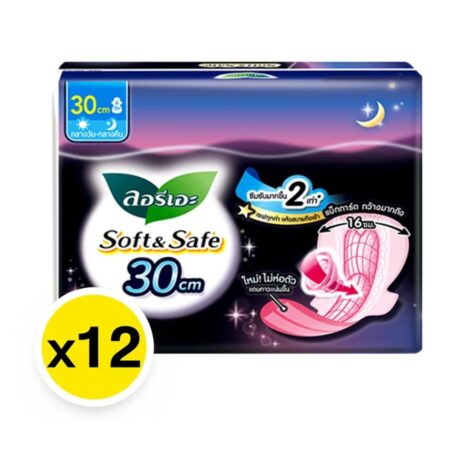 ลอรีเอะ ซอฟท์แอนด์เซฟ ไนท์ ผ้าอนามัยแบบมีปีก 30 ซม. สำหรับกลางคืน 4 ชิ้น x 12