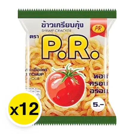 พีอาร์ ข้าวเกรียบกุ้ง รสมะเขือเทศ 22 กรัม x 12 ซอง