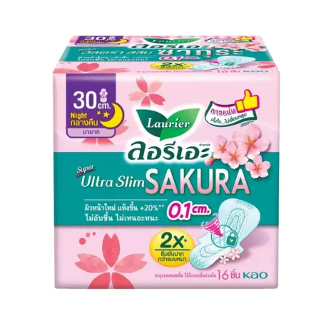 ลอริเอะ ผ้าอนามัย ซูเปอร์ อัลตร้า สลิม ซากุระ กลางคืน 30 ซม. มีปีก 14 ชิ้น
