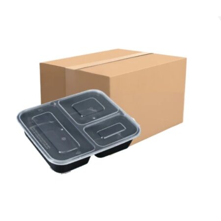 กล่องข้าวพลาสติกสีดำ 3 ช่อง ขนาด 1000 ml น้ำไม่ข้ามช่อง พร้อมฝาใส (G3G-1000) แบบแพ็ค 25 ชิ้น